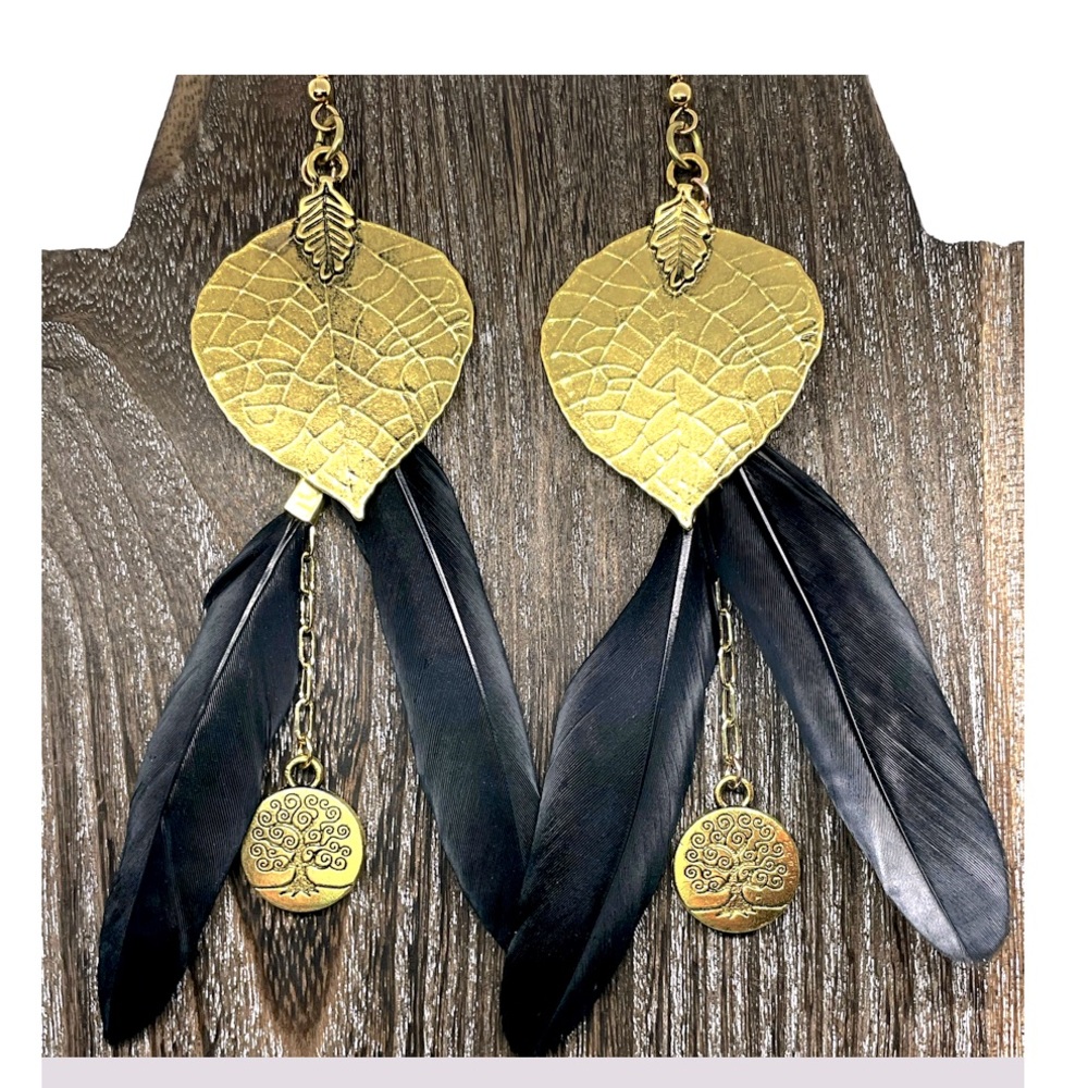 Gold and Black Feather Earrings